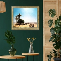 «Караван в оазисе. Египет» в интерьере в этническом стиле с зеленой стеной