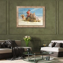 «A Nomad and His Camel Resting in the Desert, 1874» в интерьере гостиной в оливковых тонах
