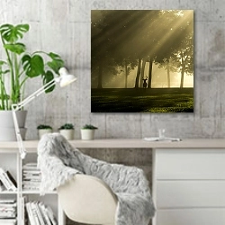 «Силуэт оленя в лучах солнца туманным утром» в интерьере кабинета в скандинавском стиле с бетонной стеной