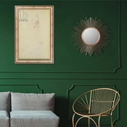 «Sketch of a male head and two legs» в интерьере классической гостиной с зеленой стеной над диваном