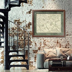 «Карта: центральная и южная части Российской Империи, 1745 г. 1» в интерьере двухярусной гостиной в стиле лофт с кирпичной стеной