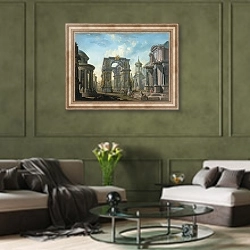 «Архитектурный вид. 1789» в интерьере гостиной в оливковых тонах