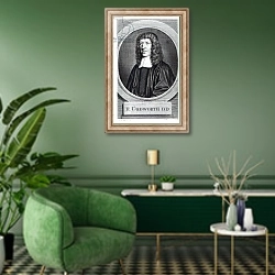 «Ralph Cudworth, engraved by George Vertue» в интерьере гостиной в зеленых тонах