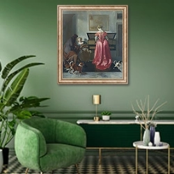 «Две женщины и мужчина за музицированием» в интерьере гостиной в зеленых тонах