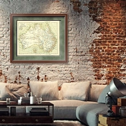 «Карта Австралии 1» в интерьере гостиной в стиле лофт с кирпичной стеной