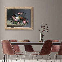 «Still Life with Flowers and Bird's Nest, after 1860» в интерьере столовой с серыми стенами