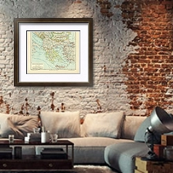 «Карта стран Балканского полуострова, конец 19 в. 1» в интерьере гостиной в стиле лофт с кирпичной стеной