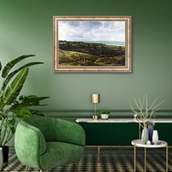 «Долина с рекой» в интерьере гостиной в зеленых тонах