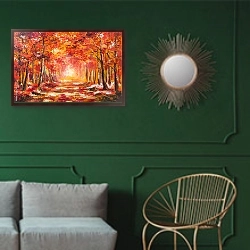 «Осенняя аллея» в интерьере классической гостиной с зеленой стеной над диваном
