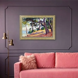 «Landscape in Saint-Tropez, 1892» в интерьере гостиной с розовым диваном