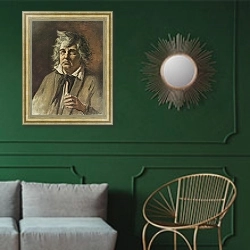 «Слепой. 1878» в интерьере классической гостиной с зеленой стеной над диваном