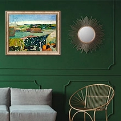 «Haystacks in Brittany, 1890» в интерьере классической гостиной с зеленой стеной над диваном