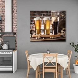 «Три бокала пива разных сортов из бочонка» в интерьере кухни над обеденным столом