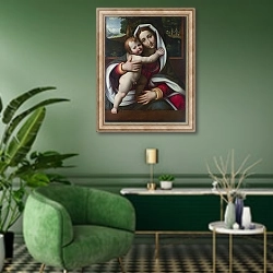 «Дева Мария с младенцем 15» в интерьере гостиной в зеленых тонах