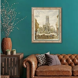 «All Saints Pavement, York» в интерьере гостиной с зеленой стеной над диваном