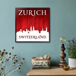 «Цюрих, Швейцария. Силуэт города на красном фоне» в интерьере в стиле ретро с бирюзовыми стенами