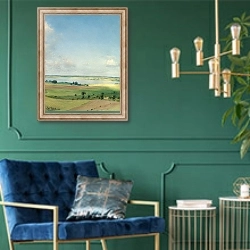«Udsigt over bakket landskab, høj himmel» в интерьере в классическом стиле с зеленой стеной