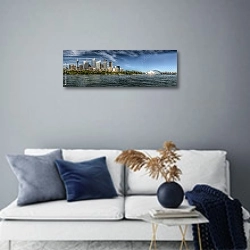 «Панорама Сиднейской бухты» в интерьере современной гостиной в синих тонах