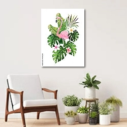«Розовый фламинго в пальмовых листьях» в интерьере современной комнаты над креслом