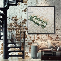 «Champagne Cooling, 2012» в интерьере двухярусной гостиной в стиле лофт с кирпичной стеной