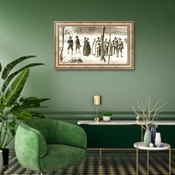«Pilgrim fathers going to church, c.1880» в интерьере гостиной в зеленых тонах