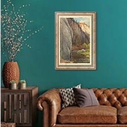 «Rocks above the Brook» в интерьере гостиной с зеленой стеной над диваном