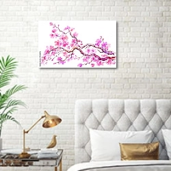 «Розовая ветка сакуры на белом фоне» в интерьере современной спальни в белом цвете с золотыми деталями