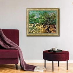 «Оливковая роща 2» в интерьере гостиной в бордовых тонах