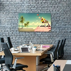 «Розовый автомобиль с воздушными шарами на пляже » в интерьере современного офиса с черной кирпичной стеной