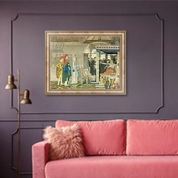«Fredegonda at the Deathbed of Praetextatus» в интерьере гостиной с розовым диваном