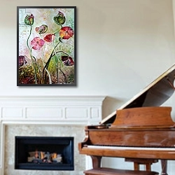 «Poppies 4» в интерьере гостиной с розовым диваном