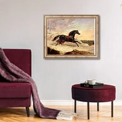 «Arabs chasing a loose arab horse in an eastern landscape» в интерьере гостиной в бордовых тонах
