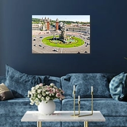 «Барселона. Площадь Испании» в интерьере современной гостиной в синем цвете