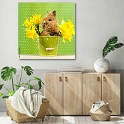 «Кролик в ведре с цветами» в интерьере современной комнаты над комодом