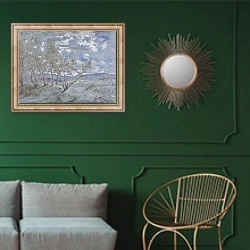 «Пейзаж 12» в интерьере классической гостиной с зеленой стеной над диваном