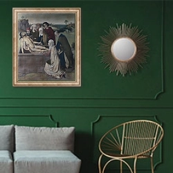 «Положение во гроб 3» в интерьере классической гостиной с зеленой стеной над диваном