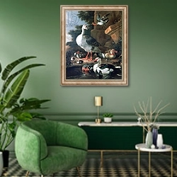 «Waterfowl in a classical landscape, 17th century» в интерьере гостиной в зеленых тонах
