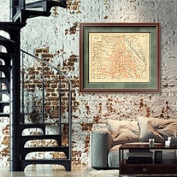 «Карта Вены, конец 19 в.» в интерьере двухярусной гостиной в стиле лофт с кирпичной стеной