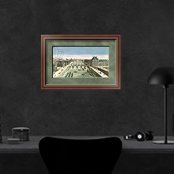 «Perspective View of Paris from the Pont Royal» в интерьере кабинета в черных цветах над столом