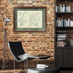 «Карта: Россия и Скандинавия (физическая и политическая)» в интерьере кабинета в стиле лофт с кирпичными стенами