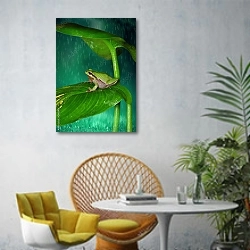 «Лягушонок под листком во время дождя» в интерьере современной гостиной с желтым креслом