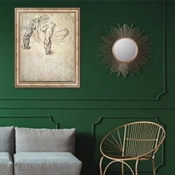 «W.63r Study of a male nude, leaning back on his hands» в интерьере классической гостиной с зеленой стеной над диваном