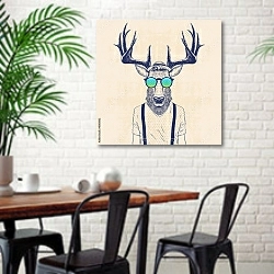 «Классный олень» в интерьере столовой в скандинавском стиле с кирпичной стеной