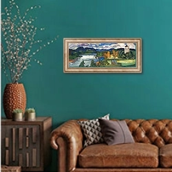 «View of Ragunda, Jämtland» в интерьере гостиной с зеленой стеной над диваном