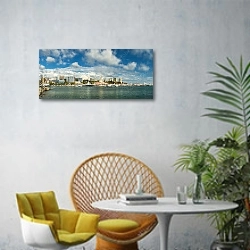 «Россия, Сочи. Панорама с портом» в интерьере современной гостиной с желтым креслом