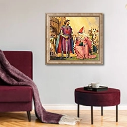«King Arthur and Guinevere» в интерьере гостиной в бордовых тонах