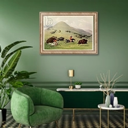 «The Buffalo Hunt, c.1832» в интерьере гостиной в зеленых тонах