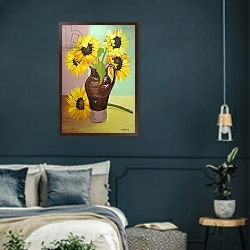 «Five Sunflowers in a Tall Brown Jug,2007» в интерьере классической спальни с темными стенами
