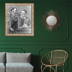 «Portrait of Titian painted by himself with his friend Don Francesco del Mosaico» в интерьере классической гостиной с зеленой стеной над диваном