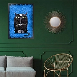 «Черный кот на синем фоне» в интерьере зеленой гостиной над диваном